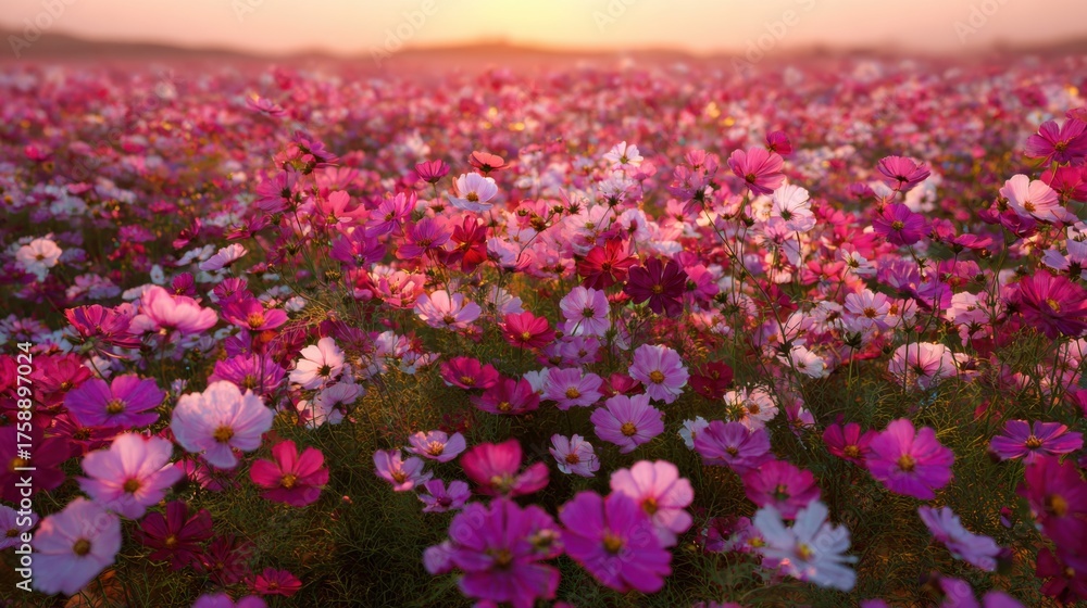 Obraz premium A field of colorful cosmos flowers bathed in the warm light of the setting sun, creating a vibrant and serene scene. The flowers are in full bloom
