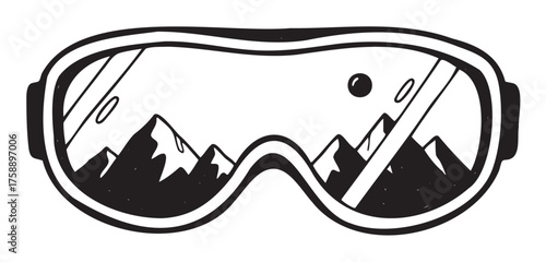 Black outline illustration of ski goggles reflecting a mountain landscape with visible peaks and a sun.