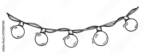 Black outline drawing of a string of round light bulbs on a curved line, captured in a simple linear style for festive or decorative themes.