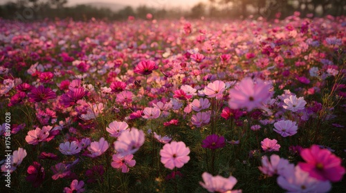 Wallpaper Mural A breathtaking panorama of a field filled with delicate pink and purple cosmos flowers. Sunlight bathes the landscape in a warm, inviting glow, creating a stunning visual display Torontodigital.ca