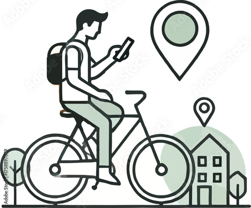 Man on bicycle with backpack using smartphone near house and map pin