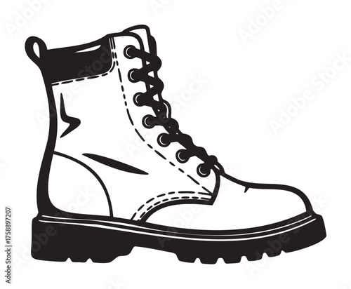 Black and white outline of a rugged combat boot with detailed laces and stitching, showcasing durable and practical footwear design.