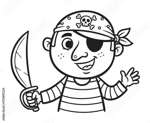 Black and white cartoon illustration of a smiling pirate child with an eye patch, waving while holding a curved sword and wearing a skull-printed bandana.