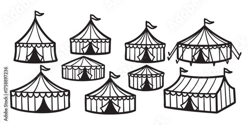 Black outline vector icons of various circus tents with triangular flags. minimal linear illustration for circus, event, and entertainment concepts.