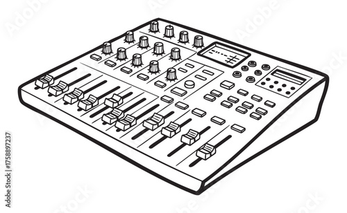 Black outline drawing of an audio mixing console with knobs, faders, and digital displays. essential equipment for sound engineering and music production.