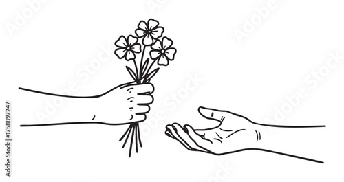 Black and white line drawing of a hand offering a bouquet of flowers to another outstretched hand. symbolic representation of giving and receiving.