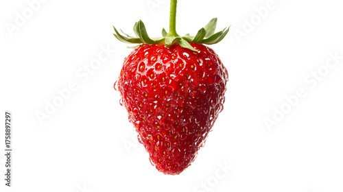 Single ripe strawberry with water droplets isolated on white background