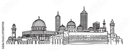 Black outline drawing of a city skyline featuring a blend of historic domes and modern skyscrapers, showcasing architectural diversity.