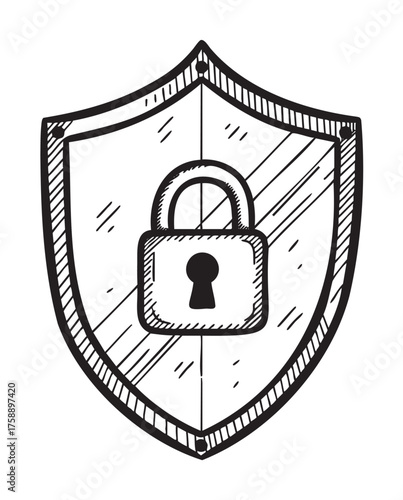 Black outline vector icon of a shield with a padlock symbol in the center, representing security and protection concepts.