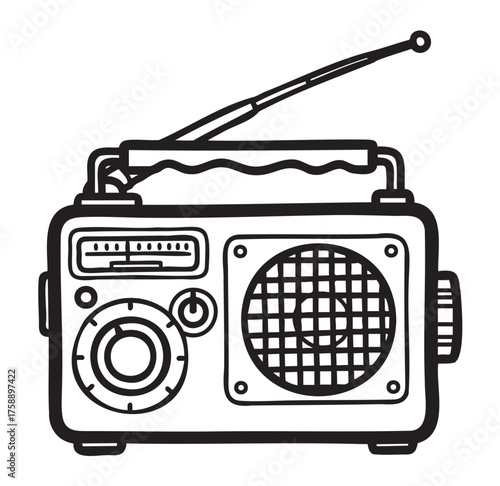 Black outline drawing of a portable radio with an extended antenna and detailed knobs, showcasing a classic design.