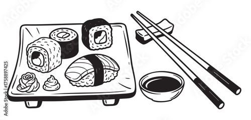 Black and white drawing of a sushi plate with variety of rolls, nigiri, chopsticks, and a small dish of soy sauce, showcasing japanese cuisine.