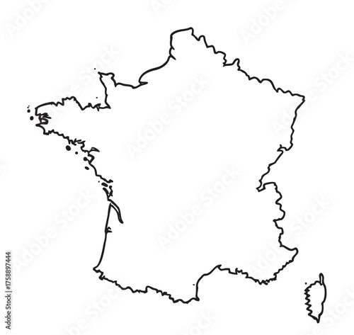 Black outline map of france with detailed borders and surrounding islands. simplified representation suitable for educational and geographical use.