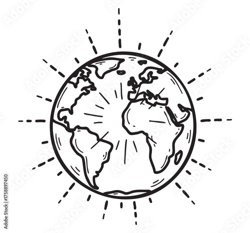 Simple black outline drawing of the earth with rays extending from the center, highlighting continents including africa, europe, and the americas.