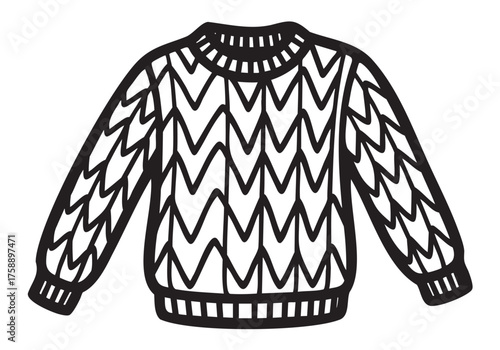 Black outline of a knitted sweater with a zigzag pattern on the body and sleeves, showcasing detailed ribbed cuffs and a rounded neckline.