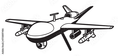 Black outline of a modern military drone equipped with missiles and surveillance camera system.