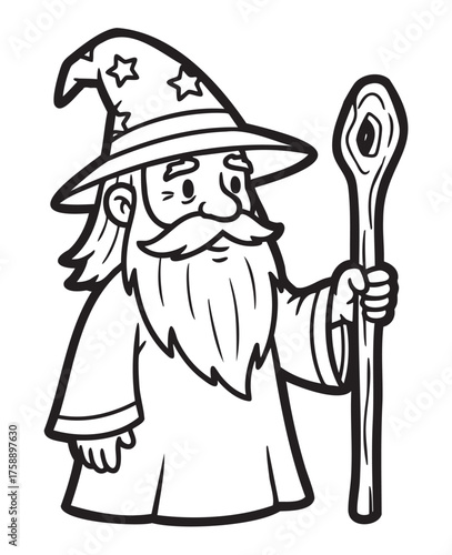 Black and white cartoon depiction of a male wizard with a pointy hat and a long staff, showing a friendly expression.