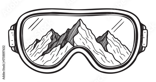 Black outline drawing of ski goggles with a mountain range reflection in the lenses, symbolizing adventure and winter sports.
