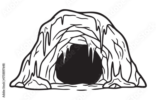 Black outline drawing of an icy cave entrance with icicles hanging from the jagged edges, suggesting a cold and wintry environment.