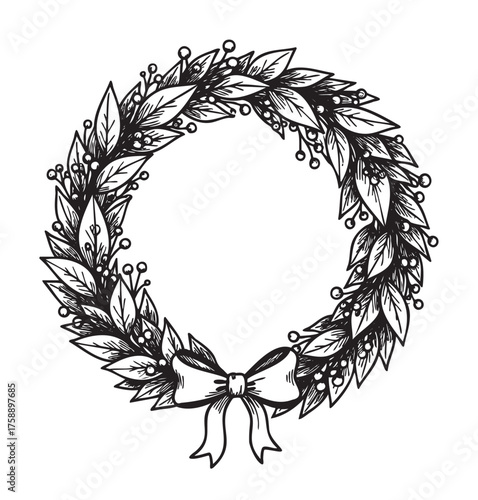 Black outline of a circular wreath with detailed leaves, berries, and a central bow, representing holiday or festive decoration.