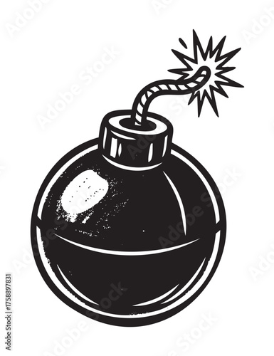 Black and white sketch of a classic round bomb with a lit fuse, depicting a vintage cartoon style explosive device.