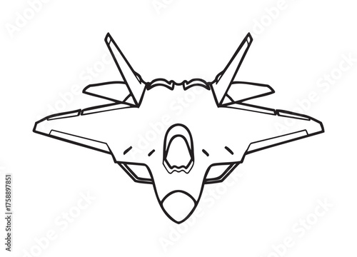 Black outline vector icon of a military fighter jet viewed from the front, showcasing its aerodynamic shape and wingspan.