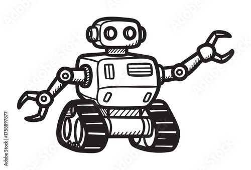 Black and white sketch of a vintage robot with wheels and claw-like hands, featuring detailed mechanical joints and a boxy body design.