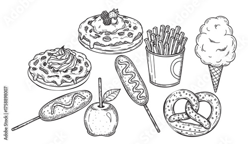 Hand-drawn outline illustrations of various fair foods including waffles, fries, pretzels, cotton candy, caramel apple, and corn dogs.