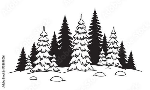 Black and white outline drawing of evergreen trees and rocks forming a forest scene, depicting natural wilderness and tranquility.