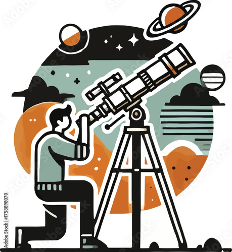 Person looking through telescope at planets and stars