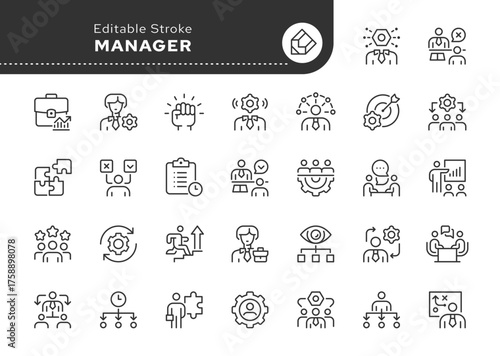 Manager line icon set. Employee, management, worker, working staff, team, teamwork, hiring, organization, development, coaching, planning. Outline icon in linear style. Vector collection.	