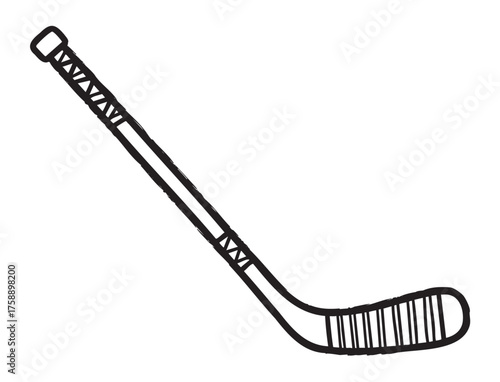 Black outline of a simple hockey stick with a taped handle and striped blade, angled diagonally.