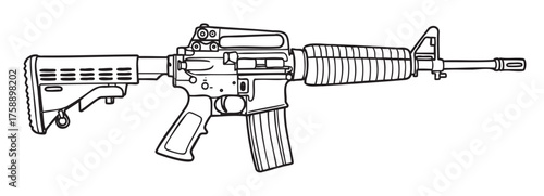Black outline drawing of a semi-automatic rifle with detailed components including stock, grip, trigger, and barrel.