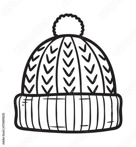 Black outline drawing of a knitted winter hat with a pom-pom on top, featuring a chevron pattern and ribbed brim.