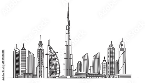 Black and white outline illustration of a modern city skyline featuring iconic skyscrapers and contemporary architecture.