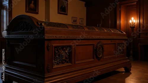 Decorative wooden coffin placed in dimly lit historic room  
