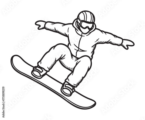 Black and white outline of a snowboarder in mid-air, wearing protective gear and showing dynamic movement with arms extended.