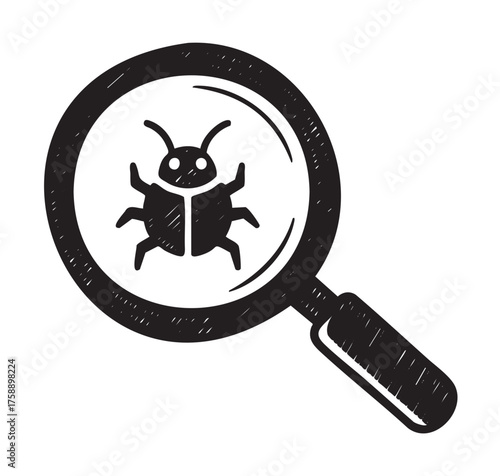 Black and white drawing of a magnifying glass focusing on a detailed beetle, showcasing entomology elements in a minimal design style.