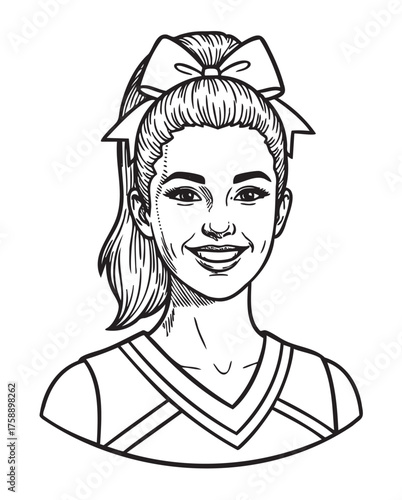 Black and white line drawing of a young caucasian female cheerleader with a ponytail and bow, smiling and wearing a cheerleading uniform.