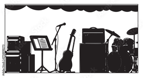 Black silhouette of a band setup with a microphone, guitar, music stand, amplifier, and drum set, ready for a performance on stage.