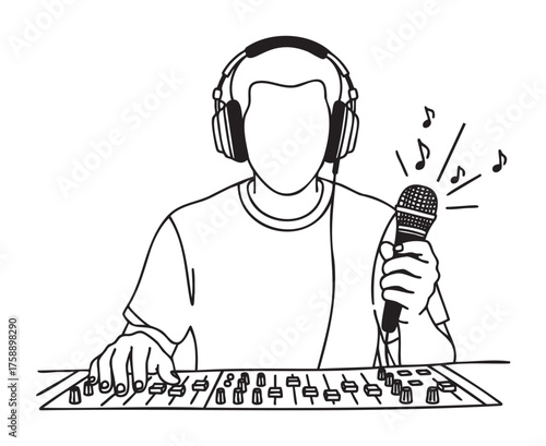 Black outline vector drawing of a person wearing headphones, holding a microphone, and using an audio mixing console, symbolizing sound recording or podcasting.