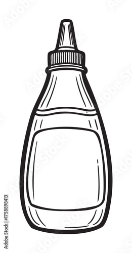 Black outline drawing of a simple squeeze bottle with a pointed nozzle and visible detail lines. ideal for concepts related to art, supplies, and crafts.