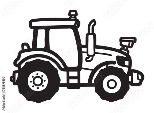 Black outline drawing of a simple agricultural tractor with large wheels and a robust body design, suitable for farming and gardening tool concepts.