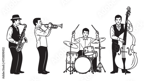 Four caucasian male musicians play jazz instruments in a band, featuring a saxophonist, trumpeter, drummer, and double bassist, engaging in an ensemble performance.