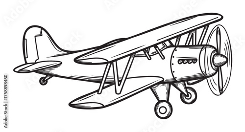 Black outline vector image of a classic biplane with two wings and a propeller. detailed linear illustration for aviation and history concepts.