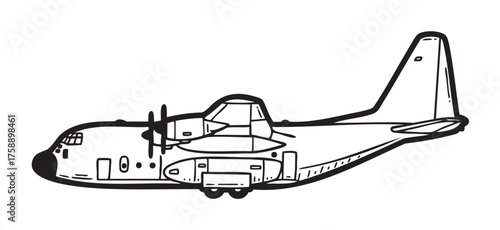Black outline drawing of a military transport aircraft with four propeller engines, detailed cockpit, and distinct tail structure.