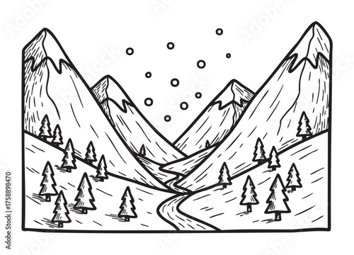 Black and white line drawing of a mountainous landscape featuring snow-capped peaks, a winding river, and scattered evergreen trees under a sky with small circles.