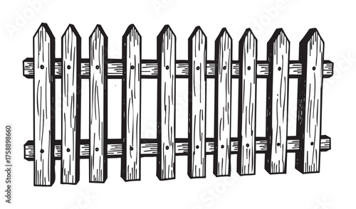 Black outline of a simple wooden picket fence featuring vertically aligned pointed planks with visible wood grain details.