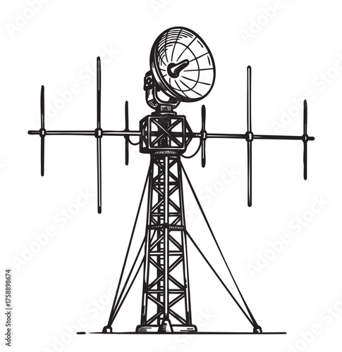 Black outline sketch of a large satellite dish and antenna tower supported by a steel framework lattice for communication purposes.