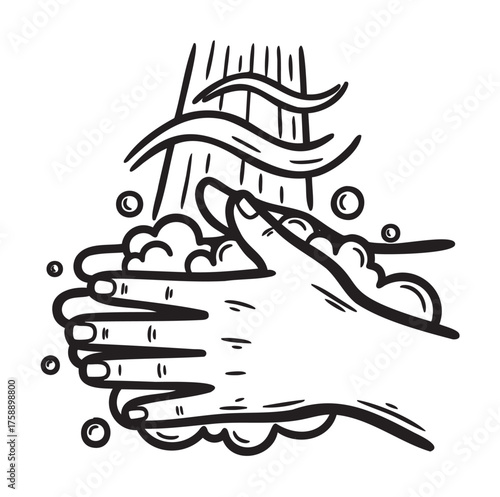 Black and white illustration of hands being washed under flowing water with soap and bubbles.