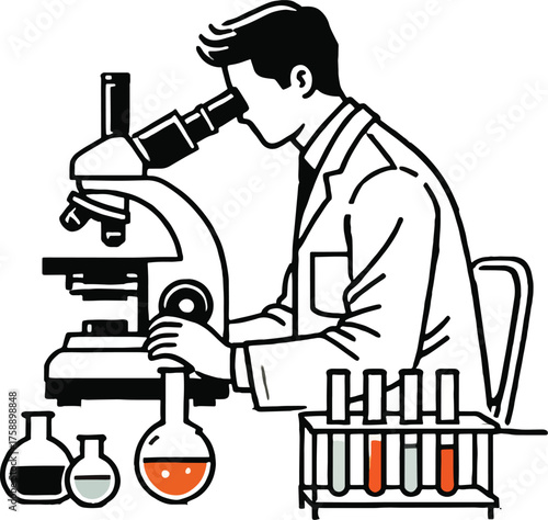 Scientist looking through microscope with beakers and test tubes